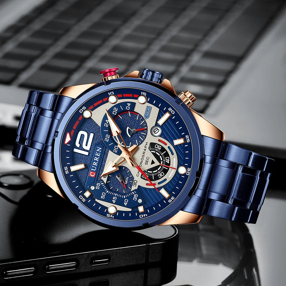 ''CURREN'' Homme Montre Chronographe en Acier Inoxydable 316 Adulte avec Affichage Lumineux