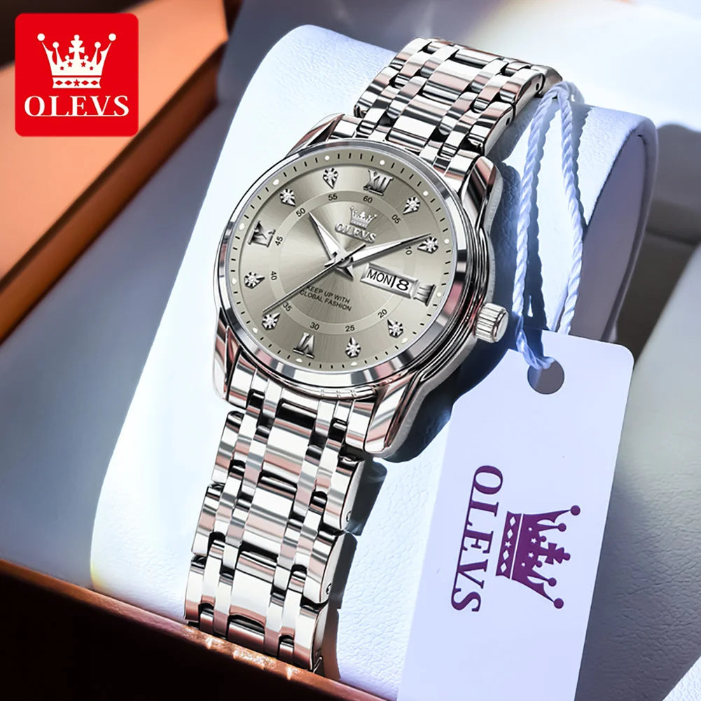 OLEVS 5513 Mens Watch Original Fashion Brand Quartz Waterproof Luminous Watch For Man Stainless Steel Dual Calendar Watch Box