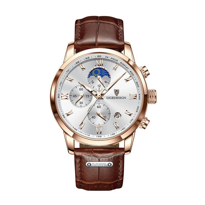Montre de Luxe LIGE -Chronographe de Précision avec Bracelet en Cuir