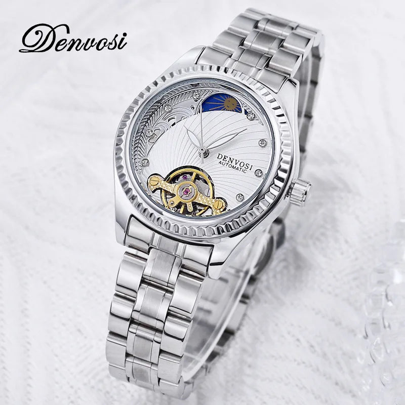 Montre Automatique Luxe DENVOSI pour Femme - Cadran Squelette et Bracelet Cuir