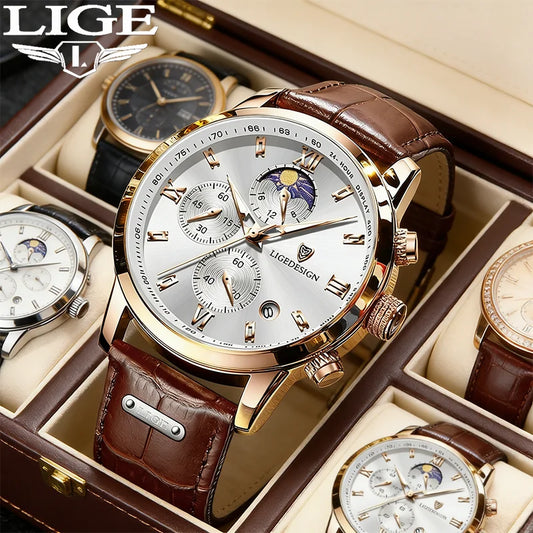 Montre de Luxe LIGE -Chronographe de Précision avec Bracelet en Cuir