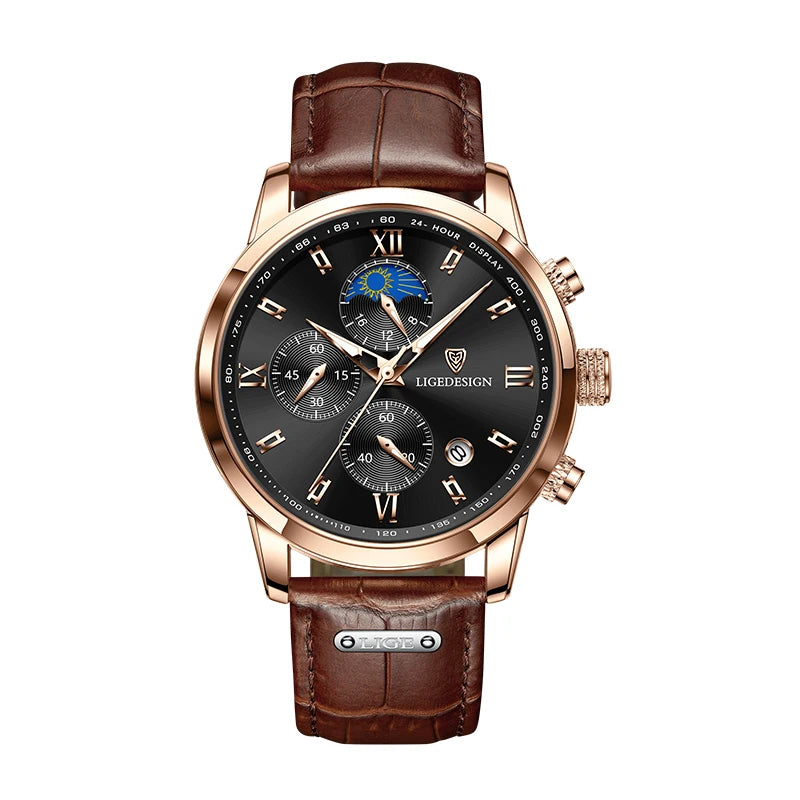 Montre de Luxe LIGE -Chronographe de Précision avec Bracelet en Cuir