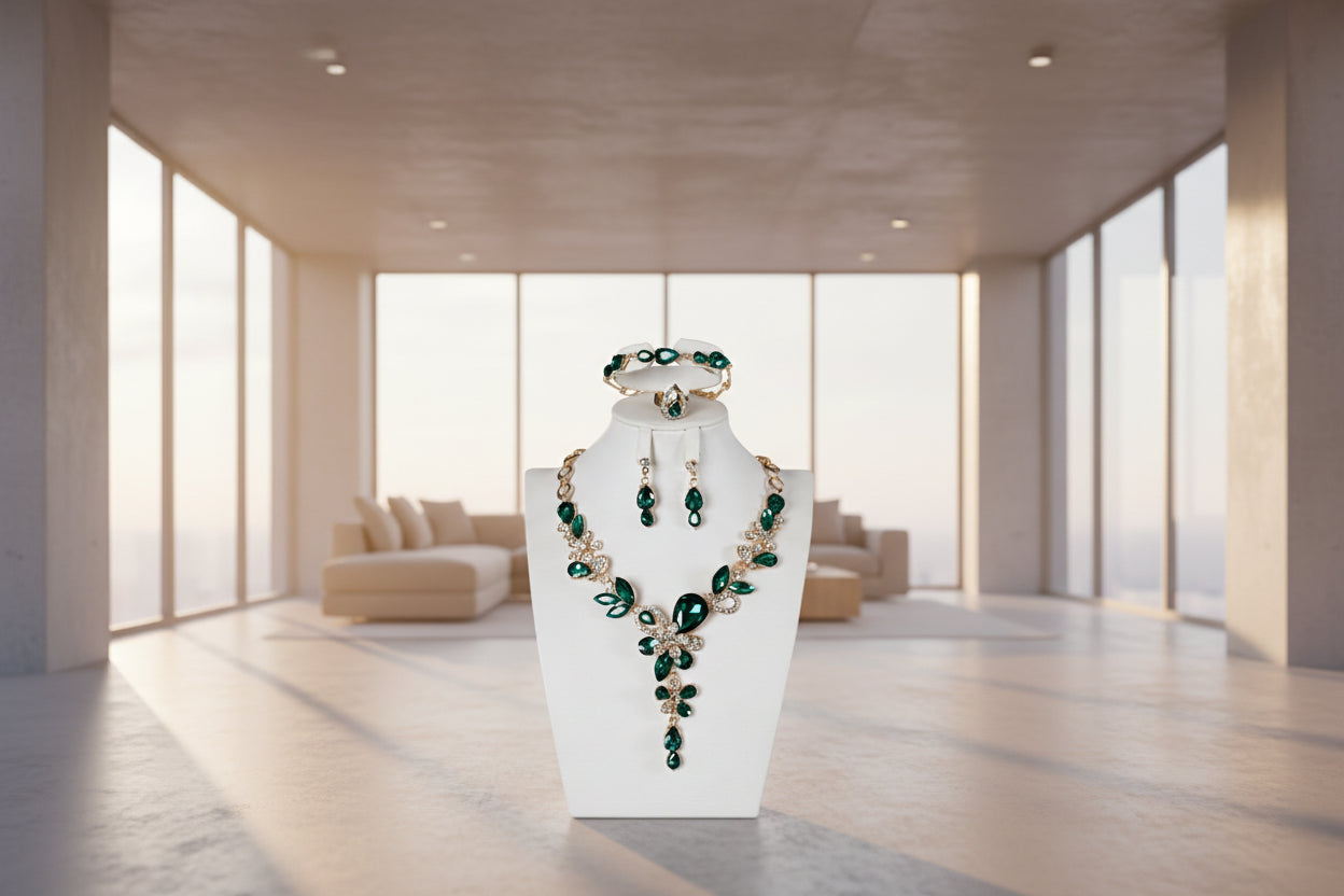 Parure "Émeraude Royale" – Ensemble 4 Pièces (Collier, Bracelet, Boucles d'oreilles &amp; Bague)