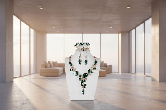 Parure "Émeraude Royale" – Ensemble 4 Pièces (Collier, Bracelet, Boucles d'oreilles &amp; Bague)