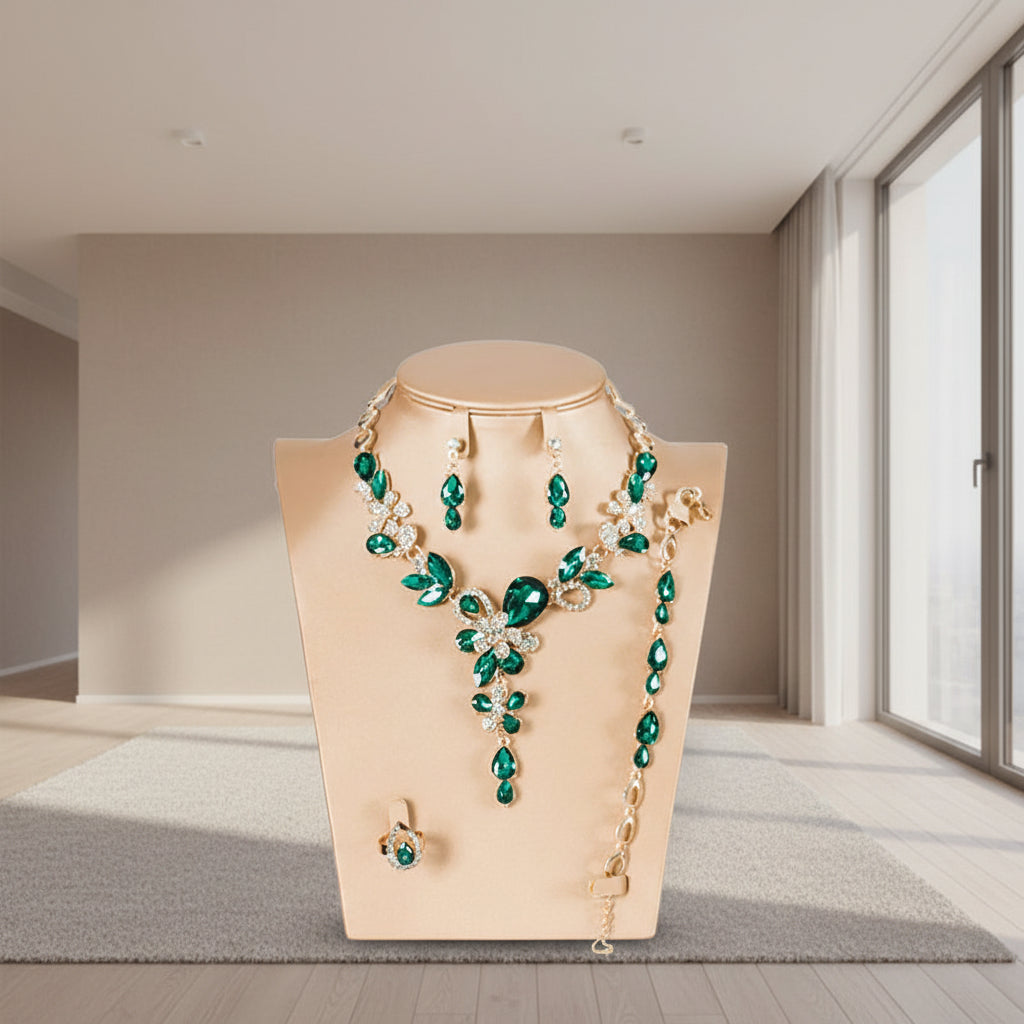 Parure "Émeraude Royale" – Ensemble 4 Pièces (Collier, Bracelet, Boucles d'oreilles &amp; Bague)