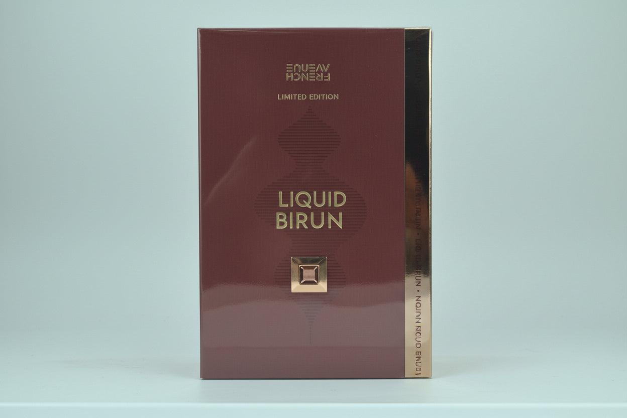 Flacon luxueux brun et doré du parfum Liquid Brun par French Avenue, parfum oriental épicé pour homme.